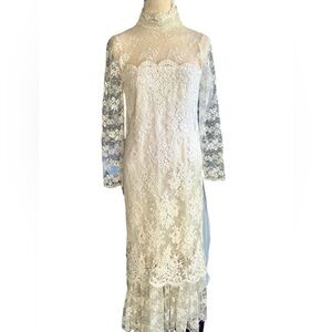Vintage 70s Jessica McClintock Cream Lace Long Sleeve Dress Sz 4
